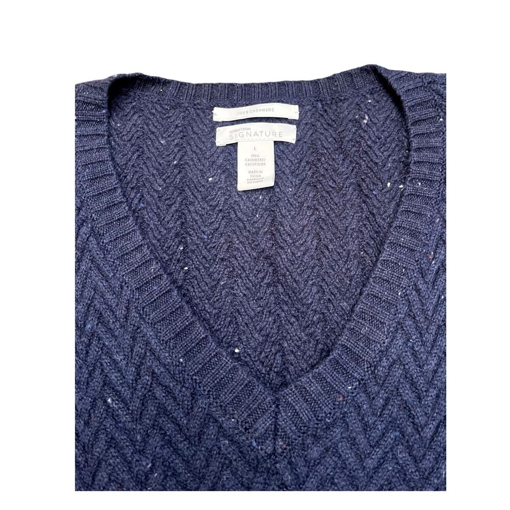 Nordstrom Signature Cashmere V-neck Herringbone Sweater | Womens L, Navy Tweed - Picture 2 of 9